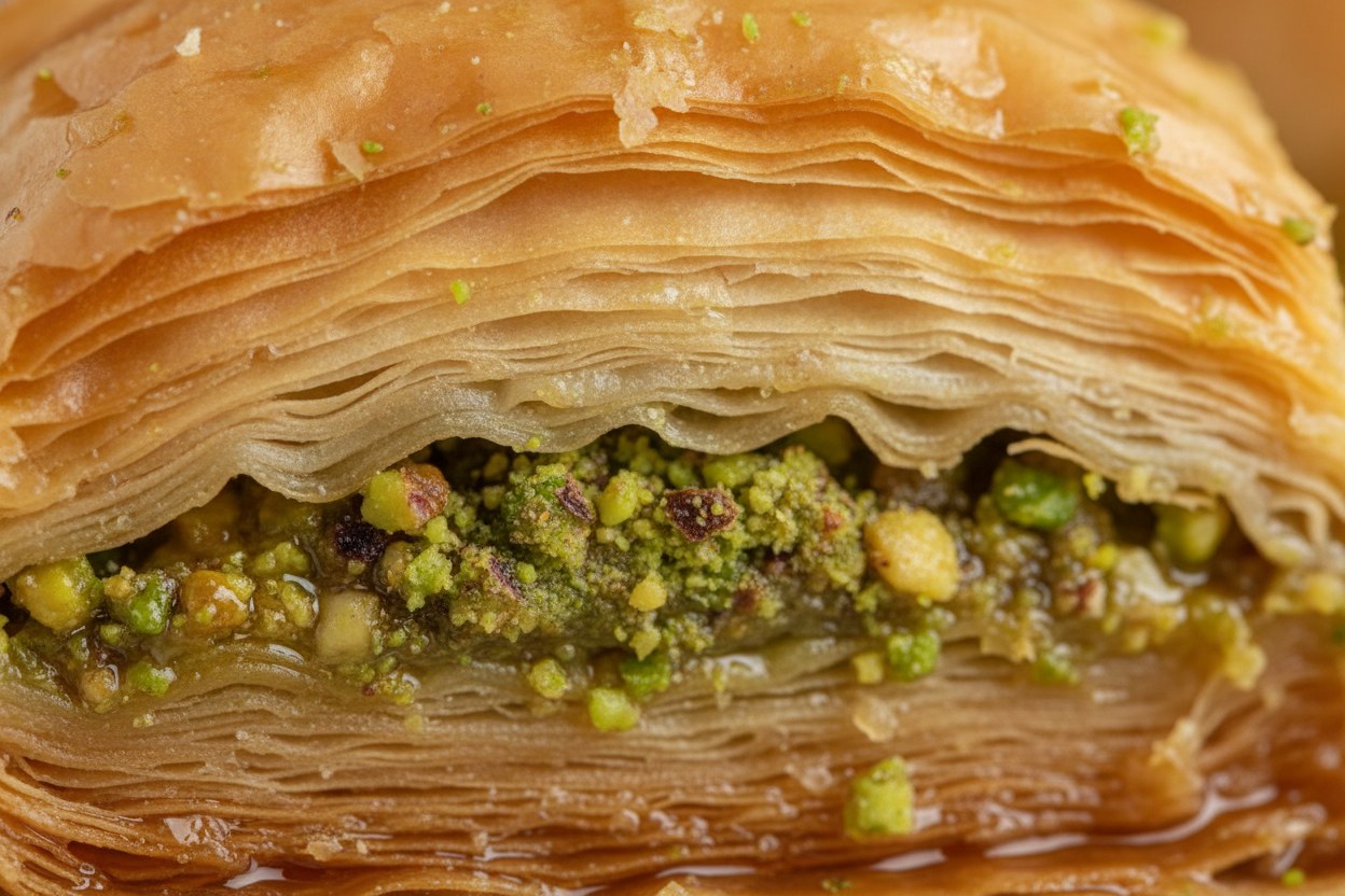 Baklava kesiti makro çekim, ince yufka katmanlarının yakın görünümü