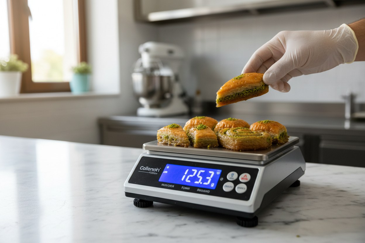 Baklava dilimlerinin hassas tartıda gramajı