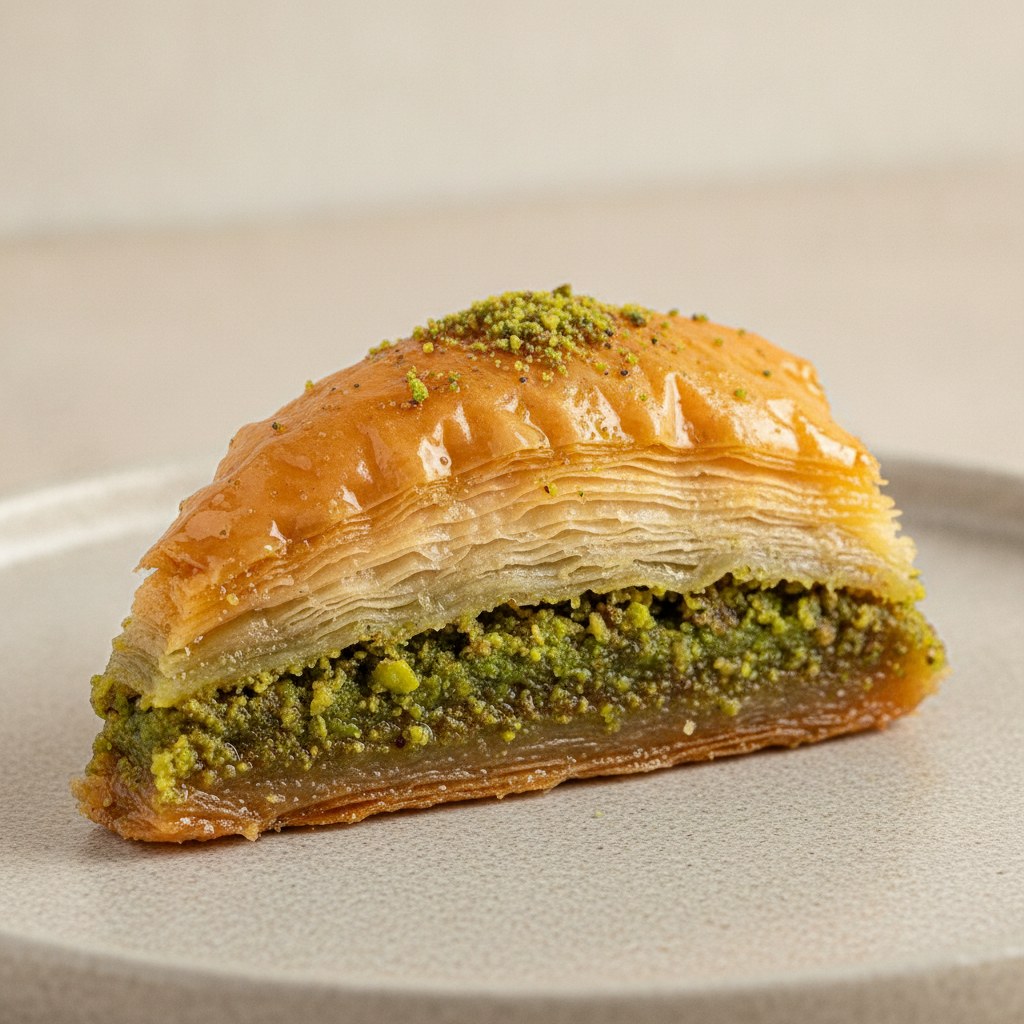 Antep fıstıklı baklava dilimi, kesit görünümü