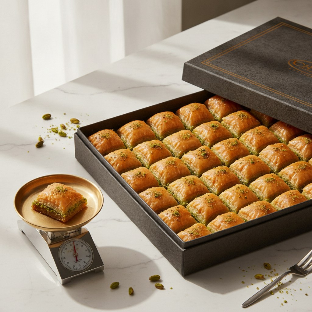 Özel gramaj kutu baklava, tartı üzerinde