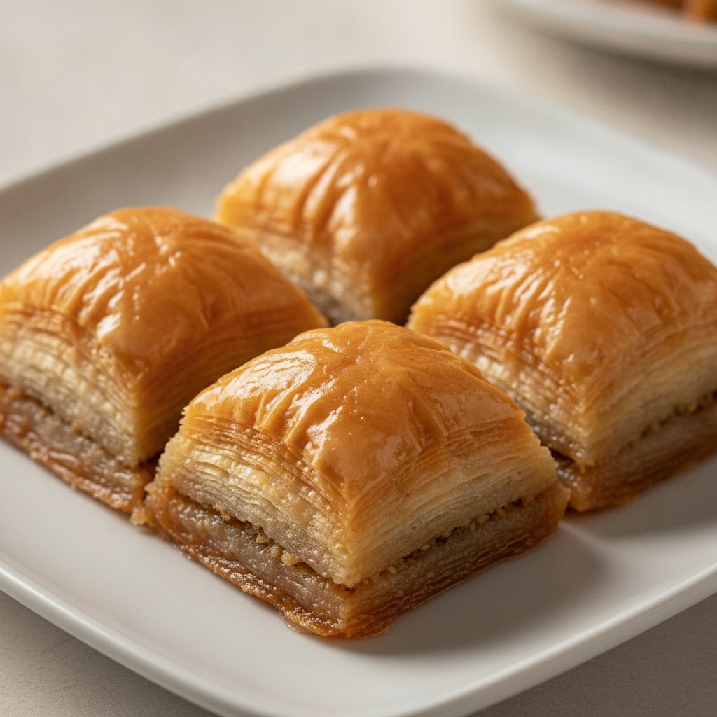 Sade tereyağlı baklava, altın renkli üst yüzey